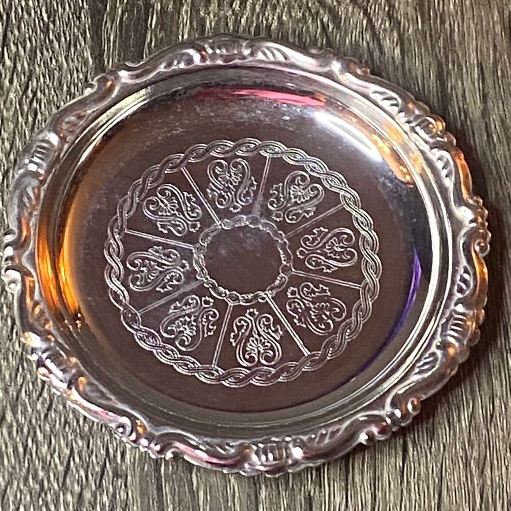 Vintage Silver Plated Round Trinket Dish Small Tray Made in Italy Ornate Coaster